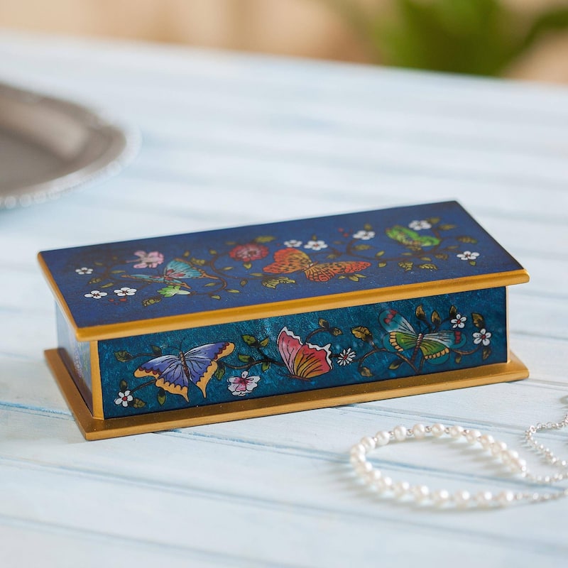 Handmade Butterfly Jubilee In Cyan Reverse Painted Glass Decorative Box (Peru) - 2" H x 7.75" W x 3.9" D