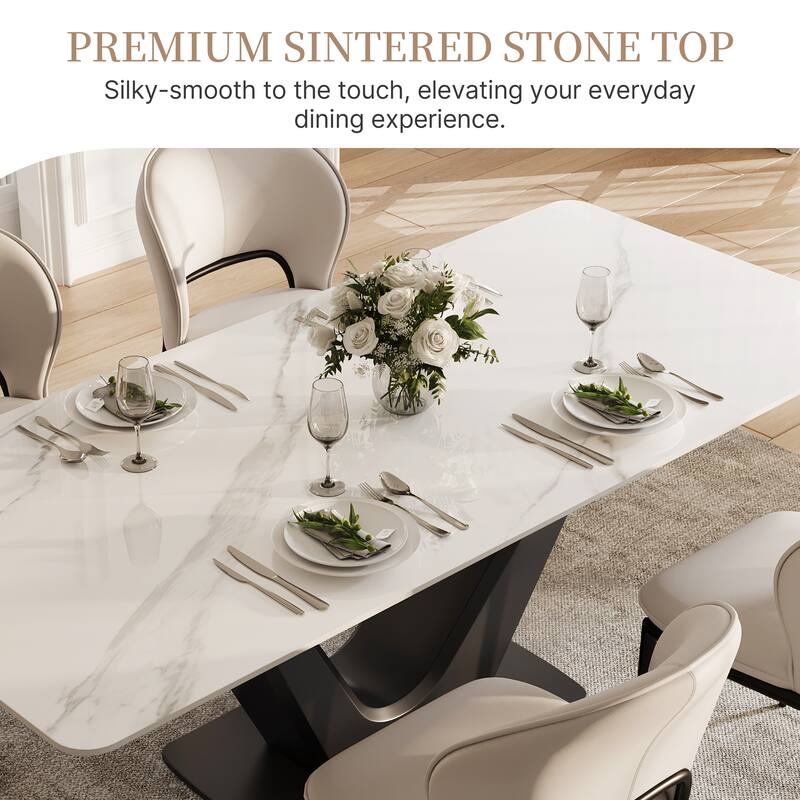 71'' Modern Rectangular Dining Table for 6, White Glossy Sintered Stone top with Gold Stainless Steel Legs