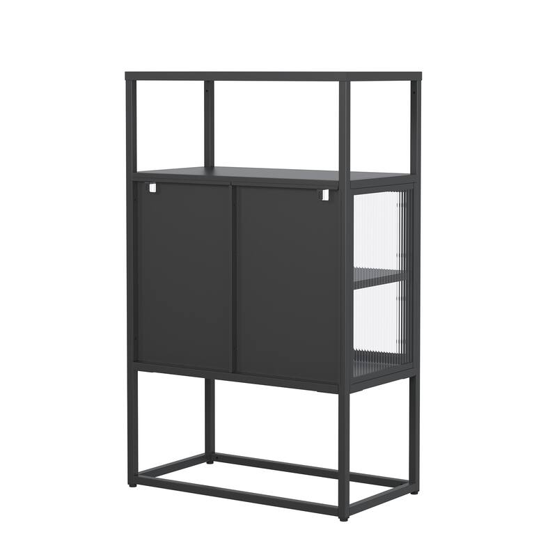 Benvolio 41.34-inch Black Two Door Metal Storage Cabinet with Fluted Clear Doors and Above Cabinet Display - 41.34