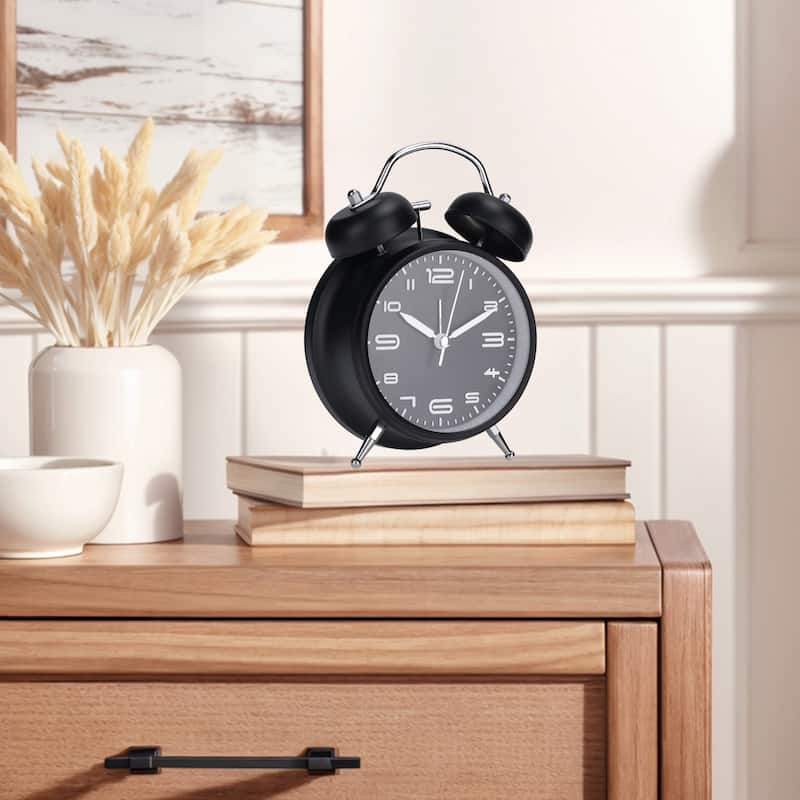 Old Fashioned Circle Loud Alarm Clock with Night Light Battery Operated for Heavy Sleepers Adults 6.7 x 3.9 x 2 inch - Black
