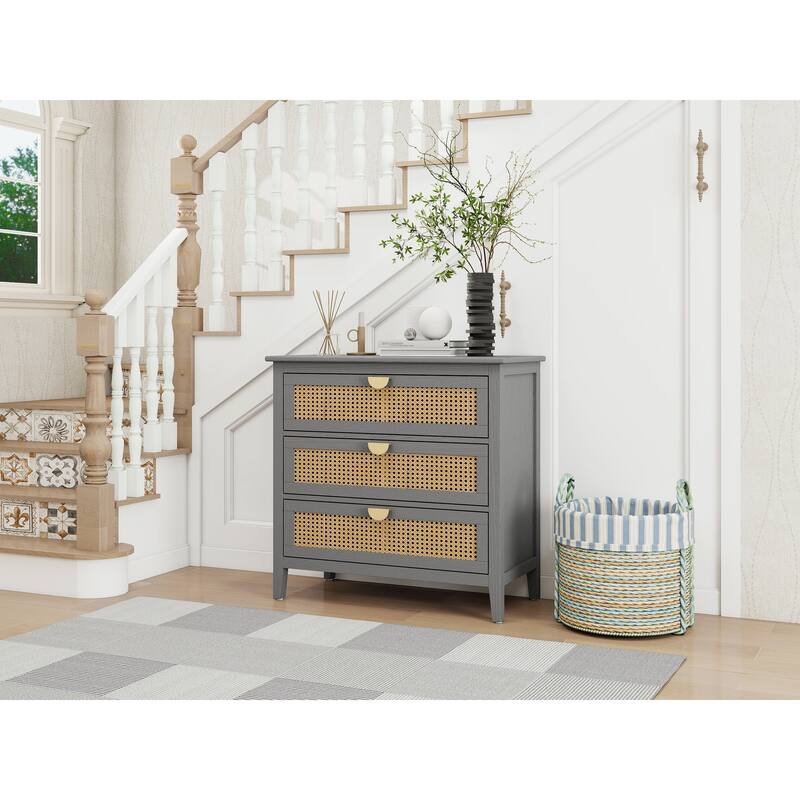Roomfitters 3 Drawer Cabinet, Rattan Storage Dresser Chest for Bedroom, Living Room