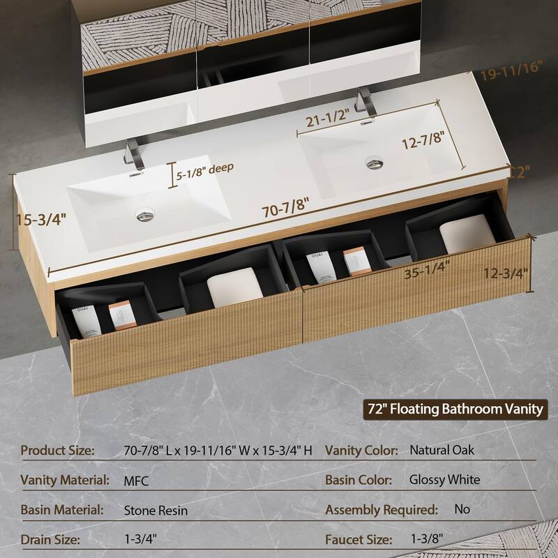 GDFStudio - Harrison 72-Inch Floating Double Bathroom Vanity with Solid Surface Basins and Fluted Storage Drawers