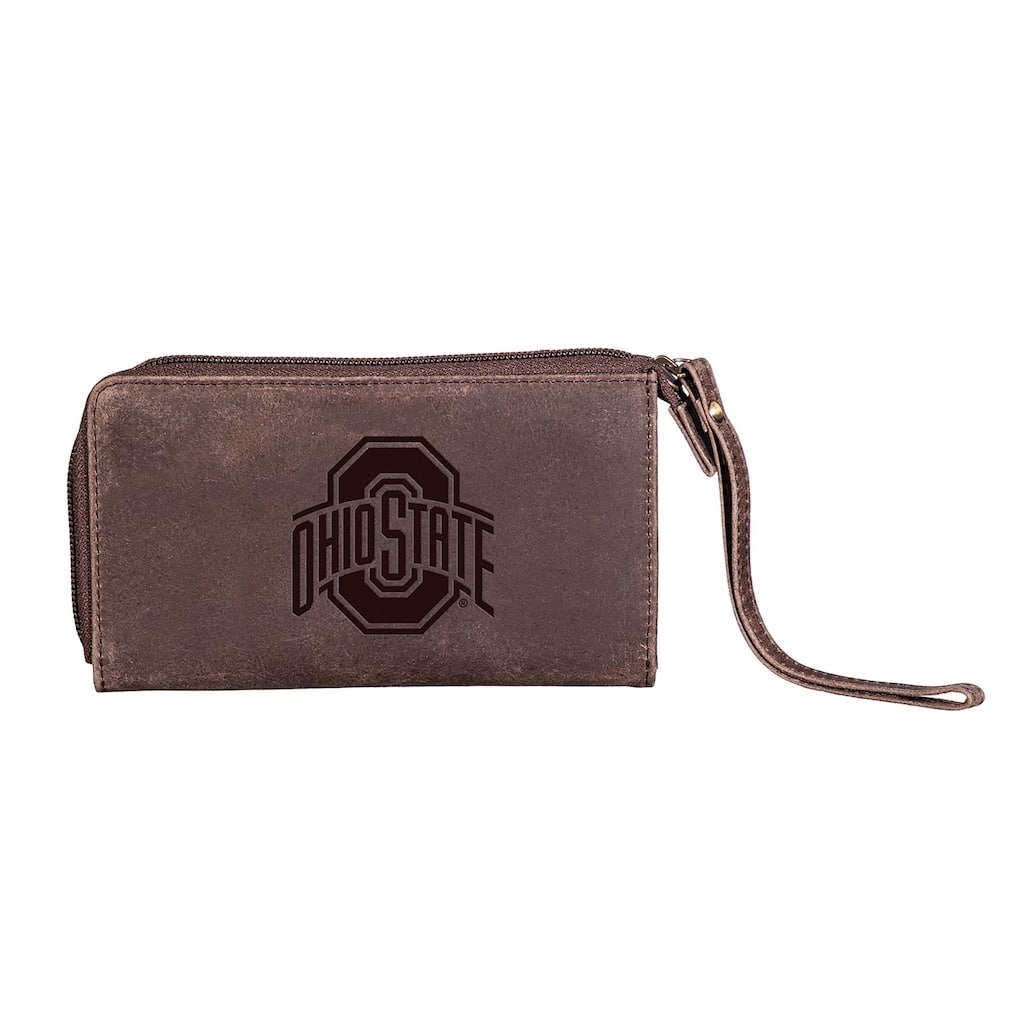 Brown Leather Cell Phone Wristlet Wallet, Ohio State University - 4" x 7"