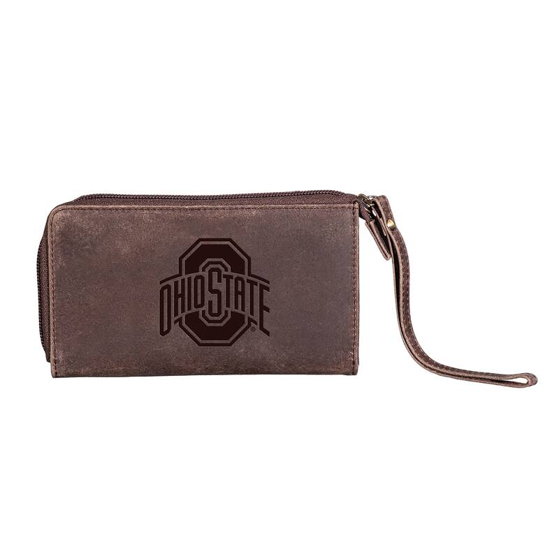 Brown Leather Cell Phone Wristlet Wallet, Ohio State University - 4" x 7"