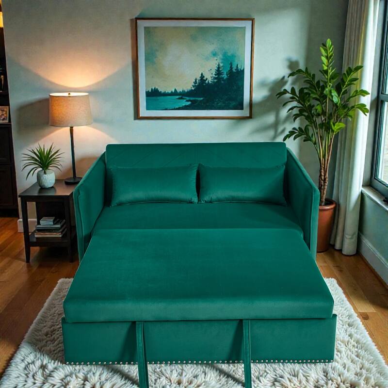 3 in 1 Convertible Sleeper Sofa Bed, Velvet Futon Loveseat with Pull Out Bed, Adjustable Backrest and Side Pockets
