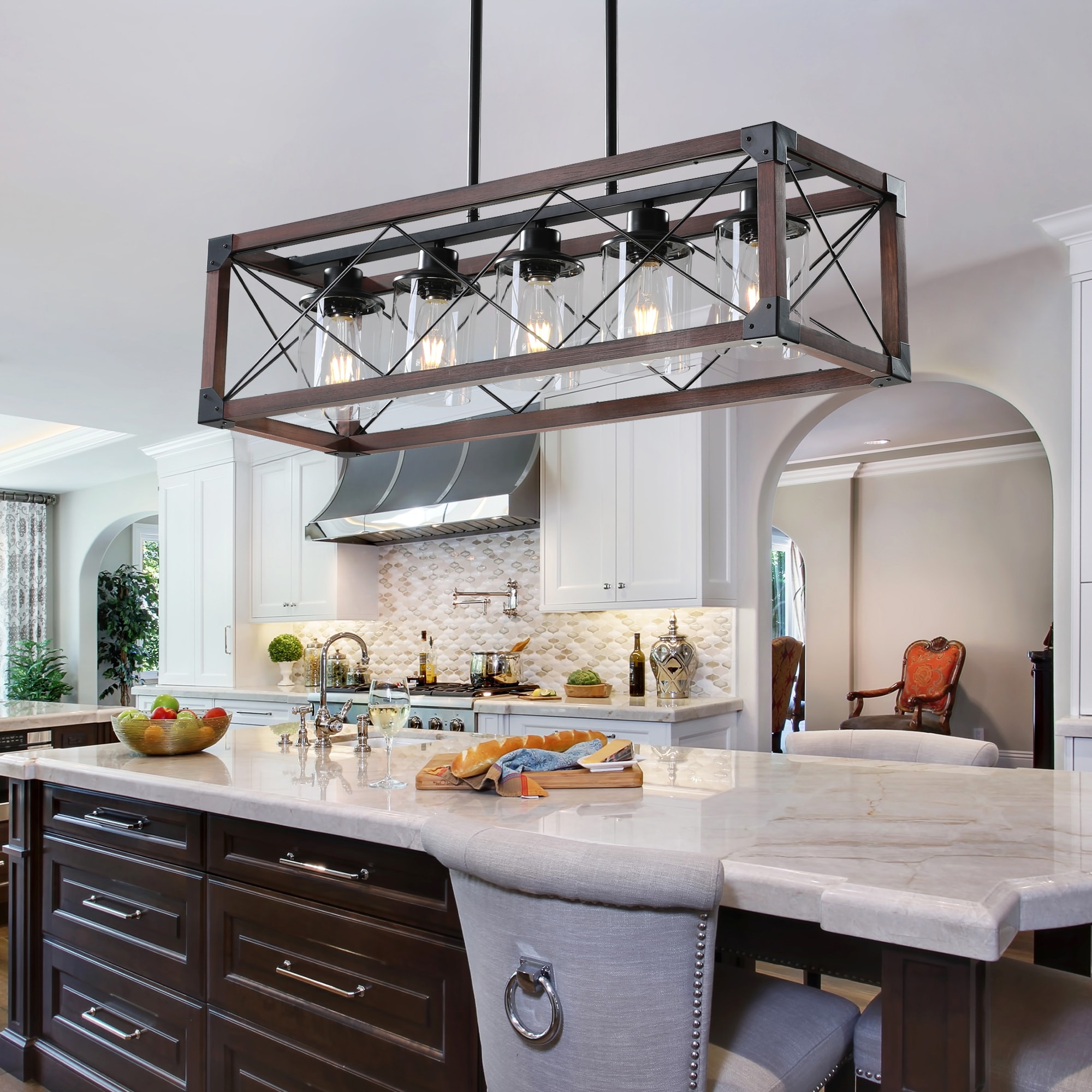 5-Light Retro Farmhouse Chandelier - Red and Black Hanging Light for Kitchen, Living Room, and Dining Room (Bulbs Not Included)
