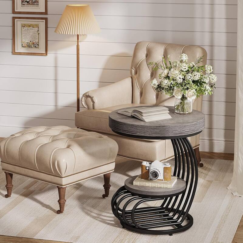 2 Tiers Round End Table with Shelf Storage, Arc-Shaped Side Sofa Table
