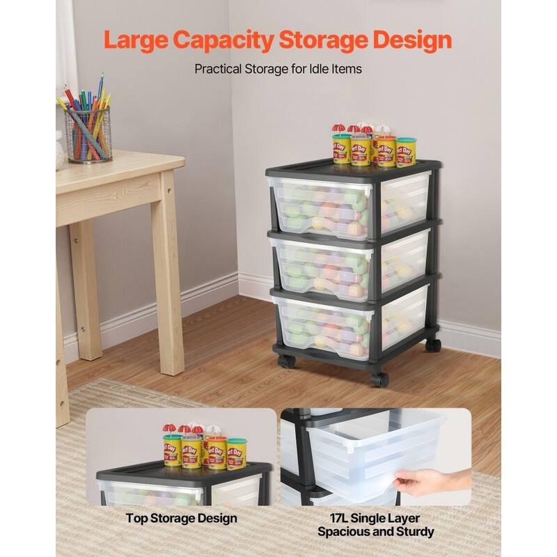 Multi-Purpose Plastic Storage Drawers with Transparent Front and Rolling Cabinet for Bedroom or Kitchen