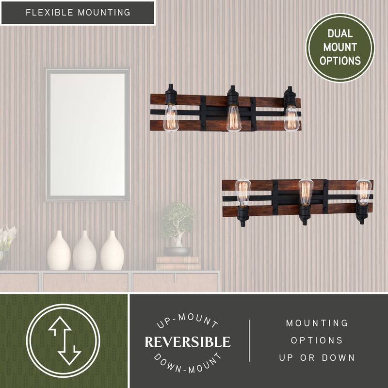 Carrington Black and Solid Wood Walnut Finish Slat Farmhouse Bathroom Vanity Light Fixture - 23.75-in W x 6.5-in H x 5.25-in D