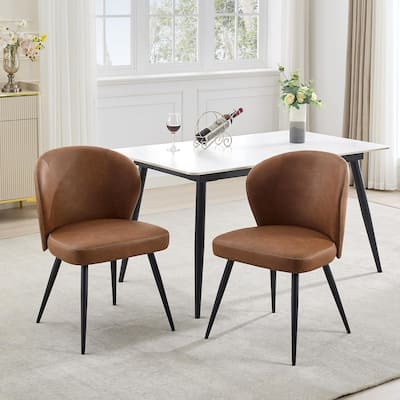 Set of 2 Ergonomic Dining Chairs - Leather Upholstered with Steel Legs