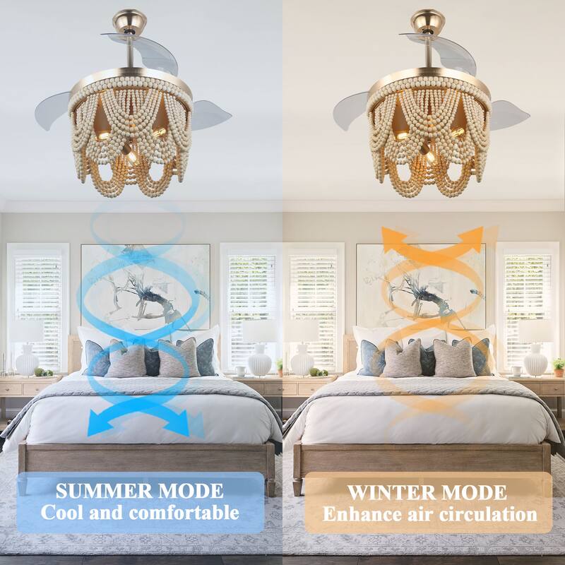 Cusp Barn 42 Inch Boho Retractable Ceiling Fan with Remote, Coastal 6 Speeds Fandelier, Farmhouse Caged Wood Beaded Ceiling Fan