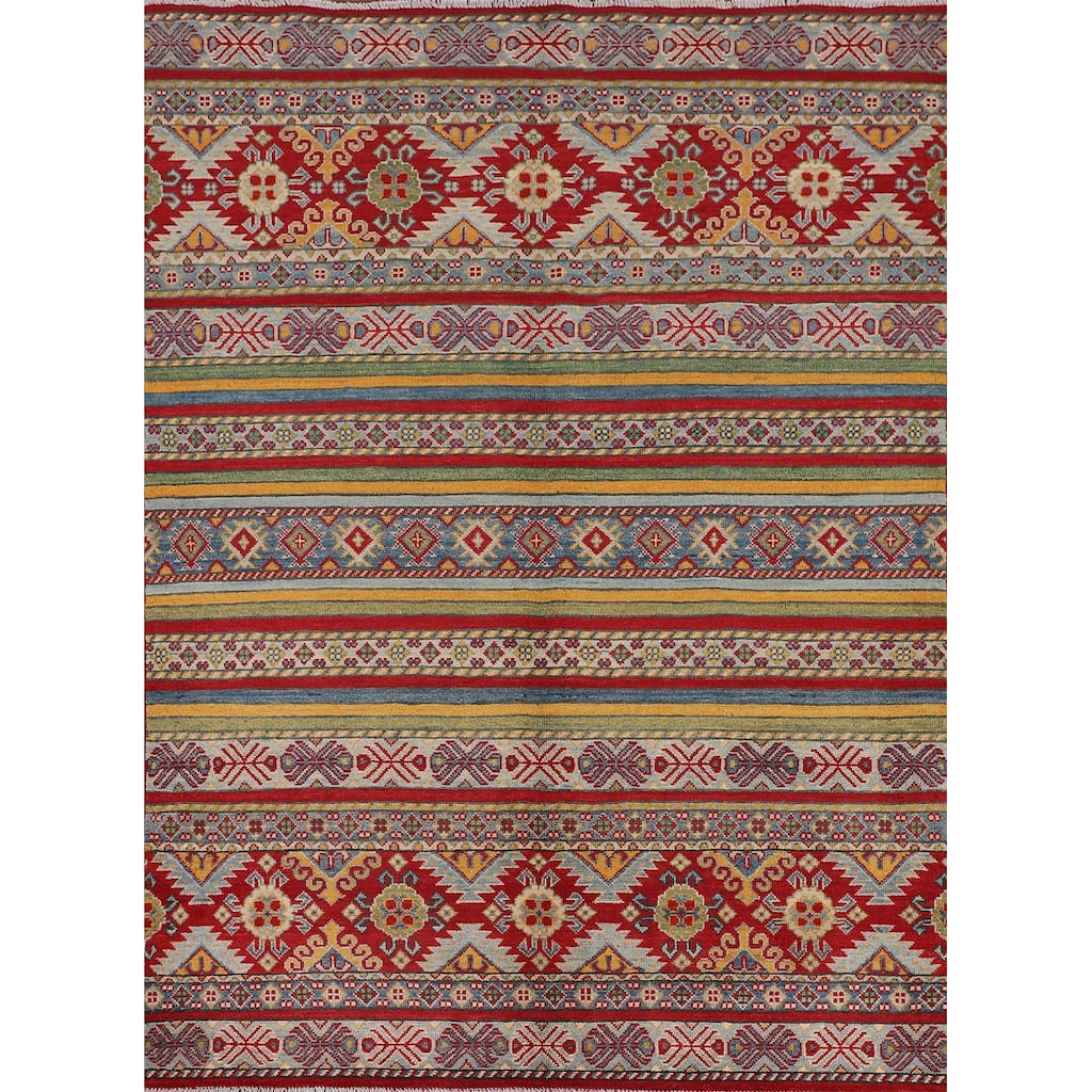 Striped Kazak Oriental Area Rug Hand-Knotted Wool Carpet - 4'10" x 6'6"