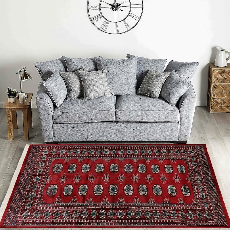 Tribal Bokhara Hail Red/Green Hand Knotted Wool Rug - 4'3'' x 6'3''