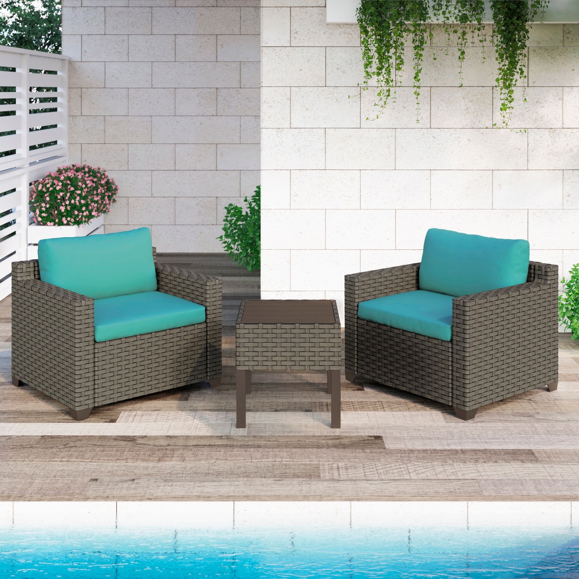 Keys 3 Piece Outdoor Conversation Set with Club Chairs and End Table in Summer Fog Wicker