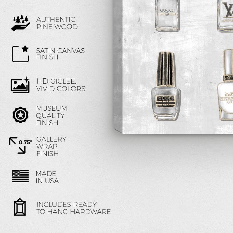 Wynwood Studio Canvas Fashion and Glam Rose Gold Nail Polish White and Metallic Gold Glam Wall Art Canvas Print