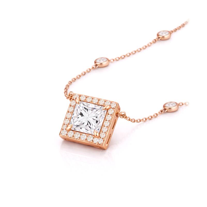 Auriya 14K Gold Lab Grown Princess Diamond Halo Pendant with Bezel Necklace 1.00 to 5.00 ct. tw. (F-G VS)