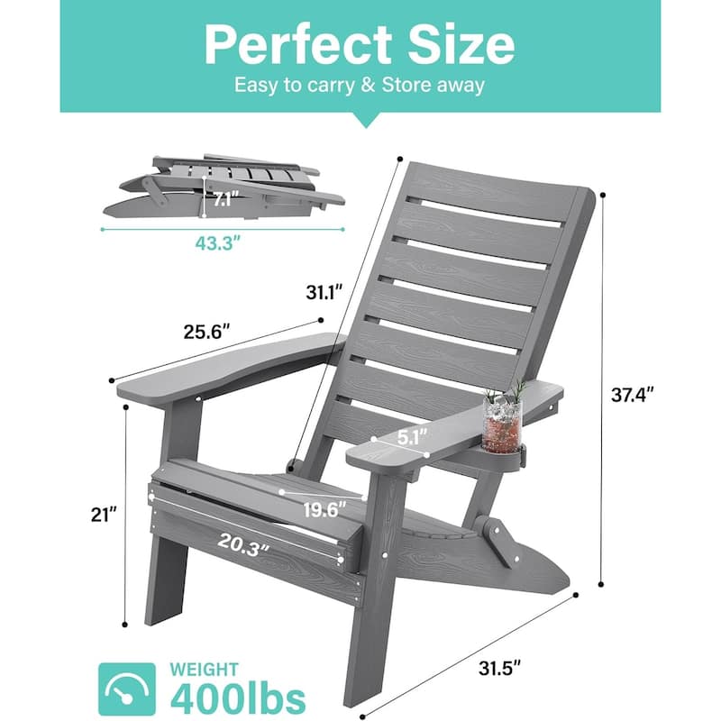 WINSOON HIPS All Weather Folding Adirondack Chairs with Arc Back & Cup Holder Set Of 2