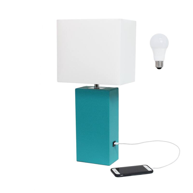 Modern Leather Table Lamp with USB and White Fabric Shade
