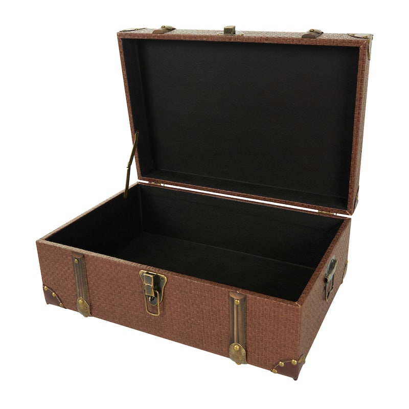 Plastic Rattan Antique Style Trunk with Brass Hardware and Leather Accents - Set of 2 Brown - Roche River Decor