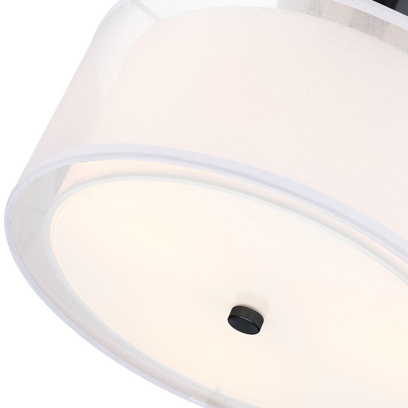 3-Light 11-in Matte Black Semi Flush Mount Light With Fabric Shade - 12-in