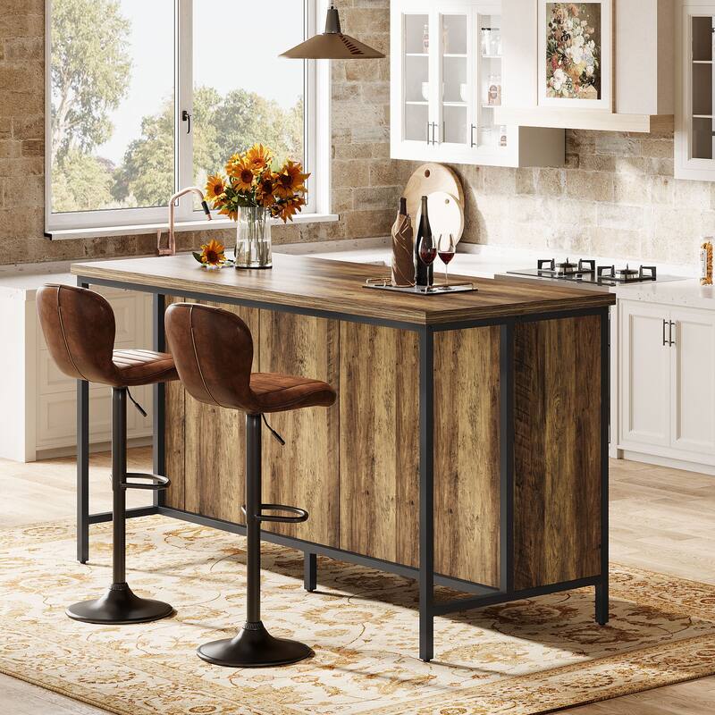 63" Industrial Kitchen Island with Seating, Storage & Cabinet - N/A