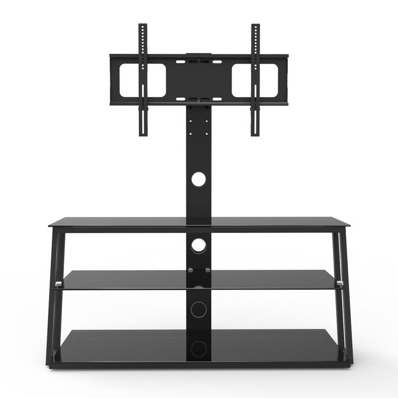 Black Multi-Function Angle And Height Adjustable Tempered Glass TV Stand fit 32"-65"TVs