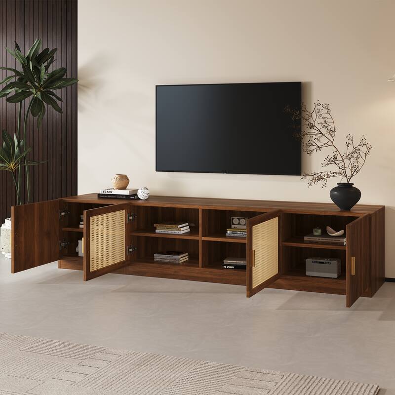 78" Retro TV Stand with Rattan Doors for TVs Up to 85", Wood TV Console, Living Room Media Console with Adjustable Shelves
