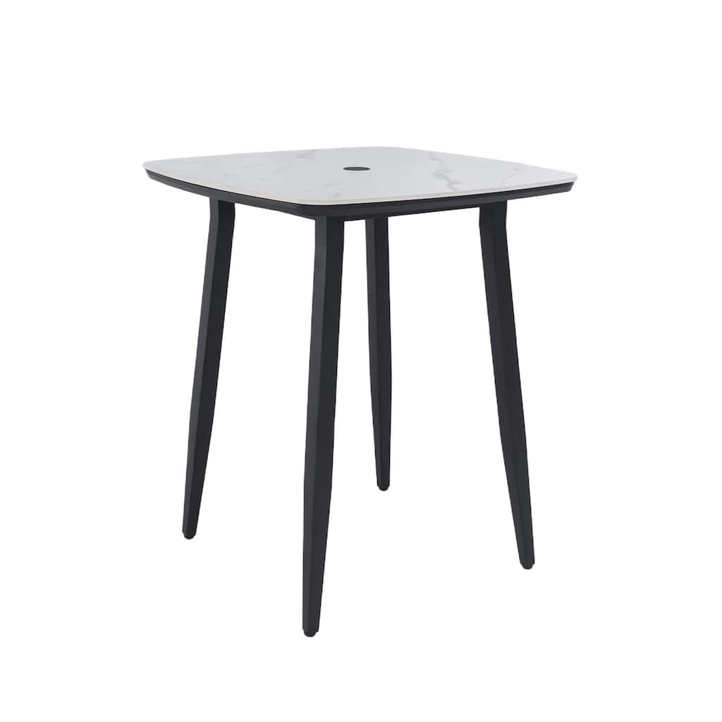 35.4" Square Outdoor Bar Table - Sintered Stone Top, Umbrella Hole, Ember Black - 35.4" D x 35.4" W x 41.7" H