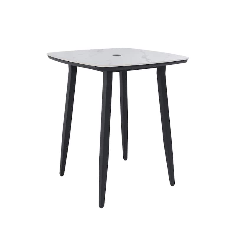 Modern 35.4'' Rounded Square Outdoor Bar Table, Greek White Marble-Inspired Sintered StoneTop, Umbrella Hole, Rust-Free Aluminum