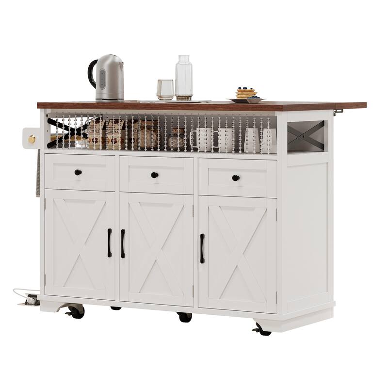 Roomfitters 46.5" Rolling Kitchen Island with Drop Leaf, Mobile Cart with 2 AC Outlets & USB, Beaded Drape & 3 Drawers