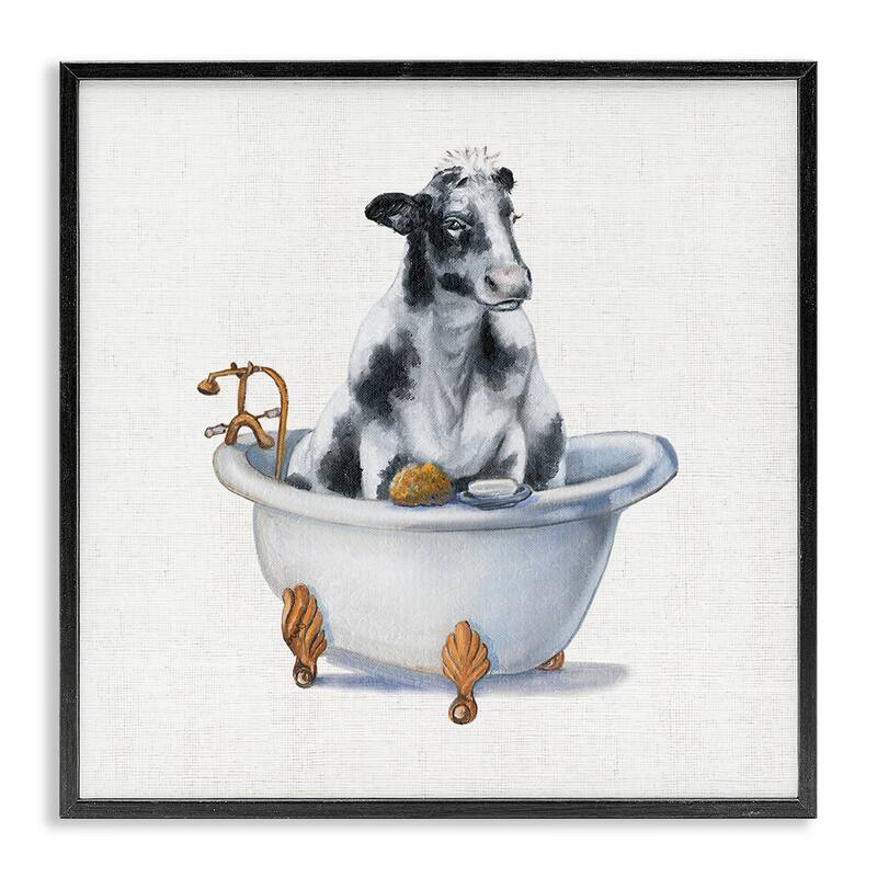 Stupell Dairy Cow in Bathtub Country Farm Animal Framed Wall Art - Black - 12 x 12 - Grey