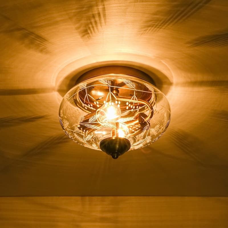 Decorative Round Clear Etched Art Glass Semi Flush Ceiling Light