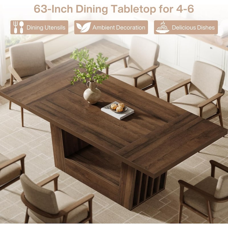 63 Inches Dining Room Table, Farmhouse Kitchen Dinner Table with Heavy-Duty Base