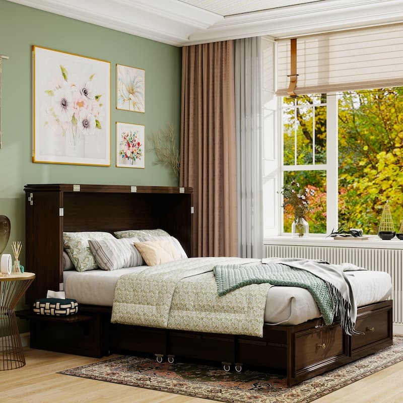 Solid Wood Murphy Bed Full Size with Storage | Space Saving Walnut Cabinet Bed with Easy Pull-Out Mechanism for Bedroom