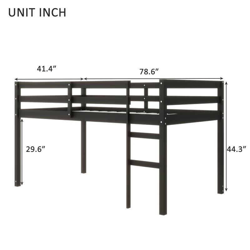 Solid Pine Loft Bed Frame with Ladder and Guardrail, Low Loftbed Frame, Wooden Loft Bed with Under Bed Storage