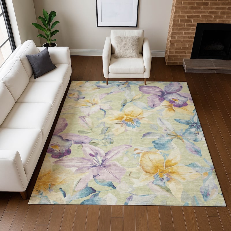 Machine Washable Indoor/ Outdoor Modern Floral Chantille Rug