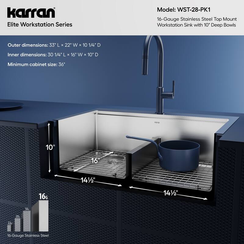 Karran Elite WST-28-PK1 Top Mount 33" Double Bowl Stainless Steel Workstation Kitchen Sink