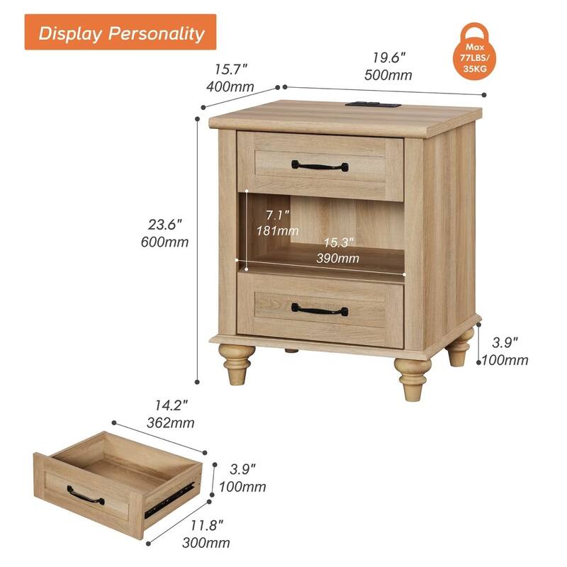 Farmhouse Nightstand Bedside Table, Wood 2-Drawer Side Table