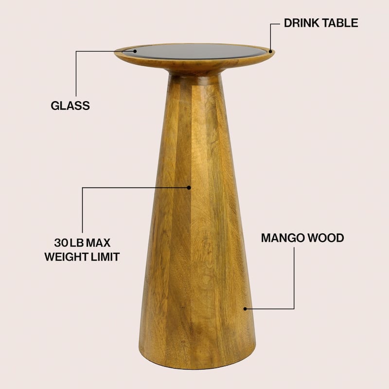 Linden 21.5" Industrial Mango Wood Drink & End Table w/ Black Glass & Cone Base, By JONATHAN Y