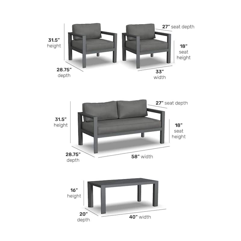 Grayton Gray Aluminum Outdoor Aluminum Loveseat with Lounge Chairs and Coffee Table - 61" x 26" x 29"