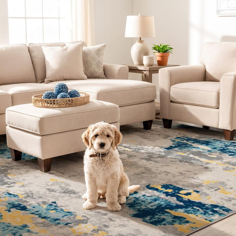 Porch & Den Tanoak Distressed Abstract Pattern Area Rug - 5' x 7' - Cream - Runner