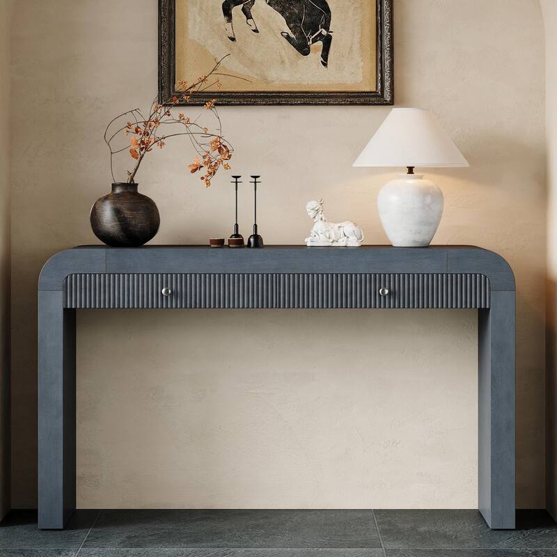 Console Table with Fluted Drawer & Thick Legs - Navy Blue