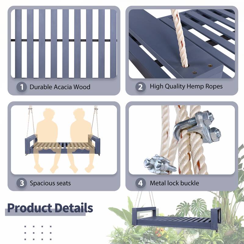 Twin Size Porch Swing Bed Seating Group with Hemp Ropes for Garden and Backyard