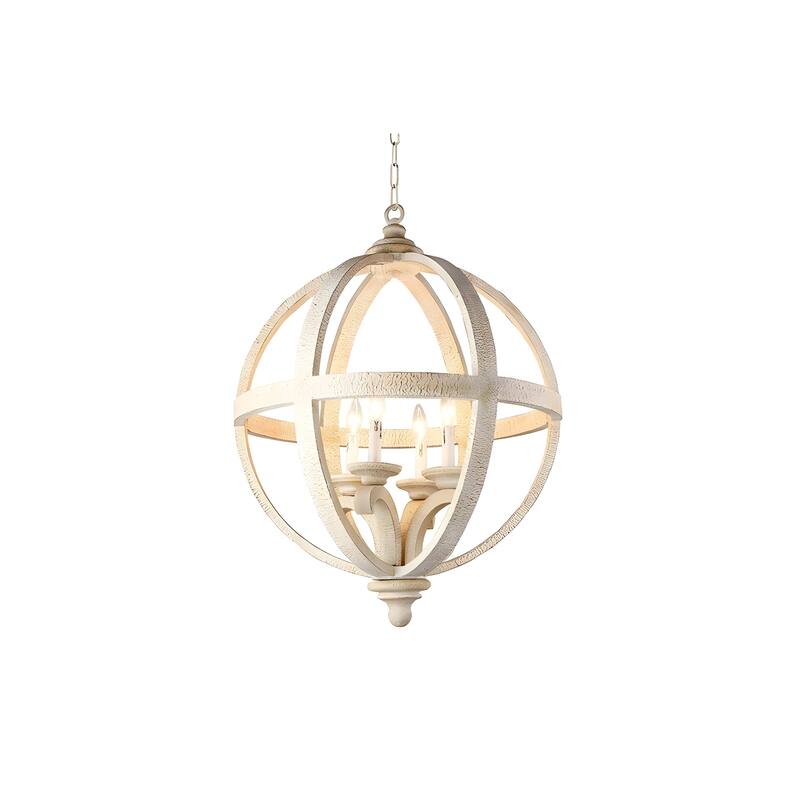 4-Light Farmhouse Wood Orb Chandelier - White - White