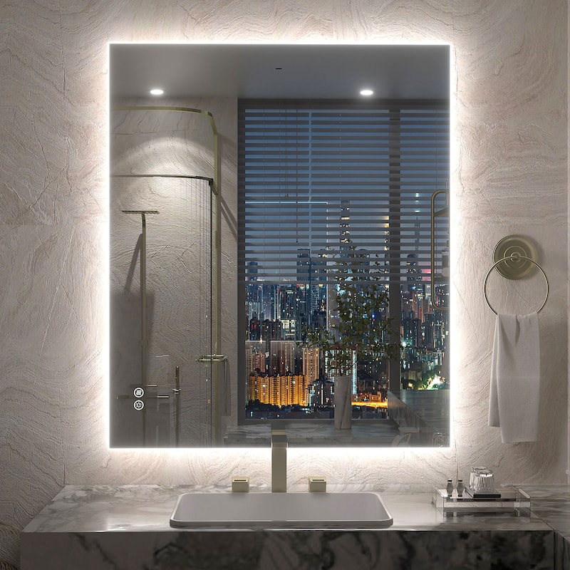 Frameless Anti-Fog 3 Colors Dimmable LED Backlit Wall Bathroom Vanity Mirror - 36" x 30"-Rectangular