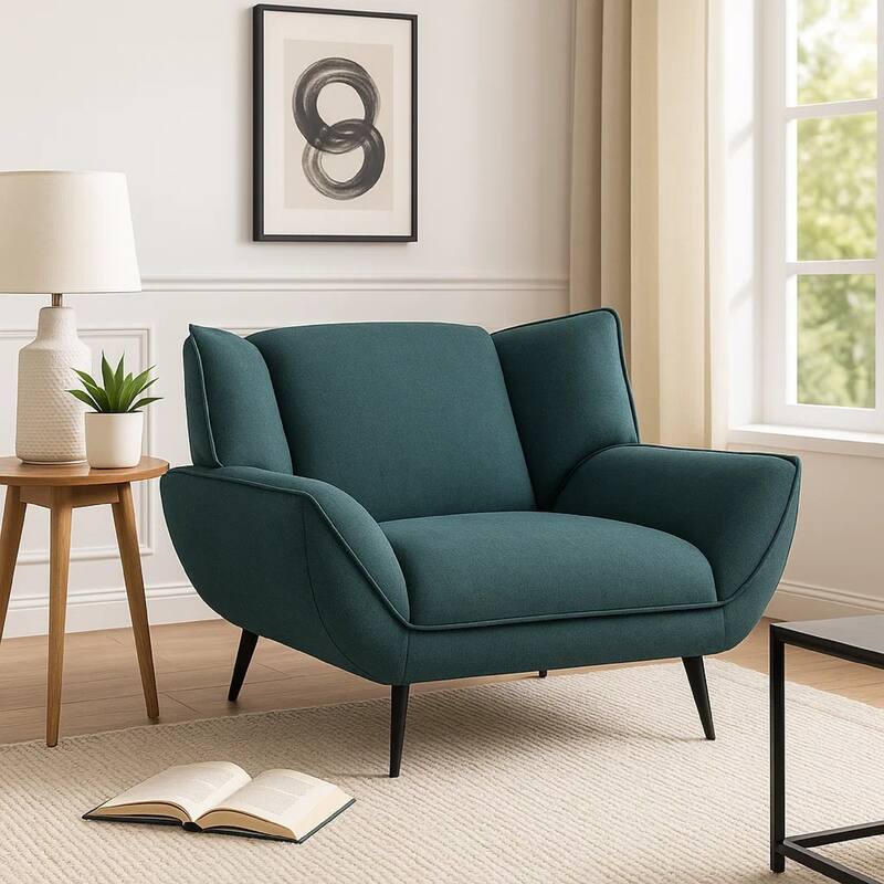 Toer 43 Inch Accent Sofa Chair, Flared Arms, Teal Blue Fabric, Black Metal
