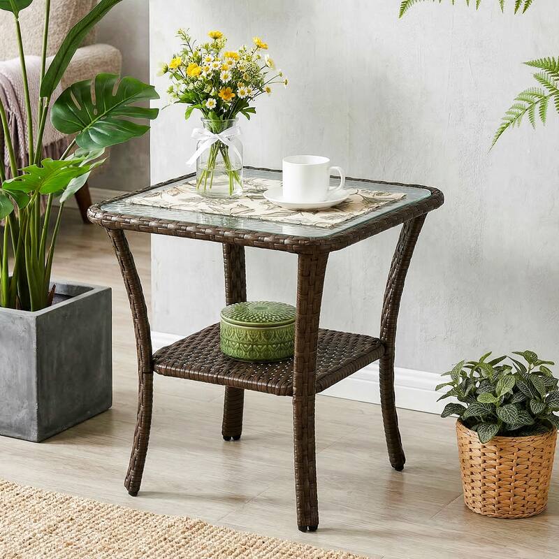Wicker Rattan Side Table With Built-in Glass - 19.68'' H X 19.68'' D X 19.68'' W