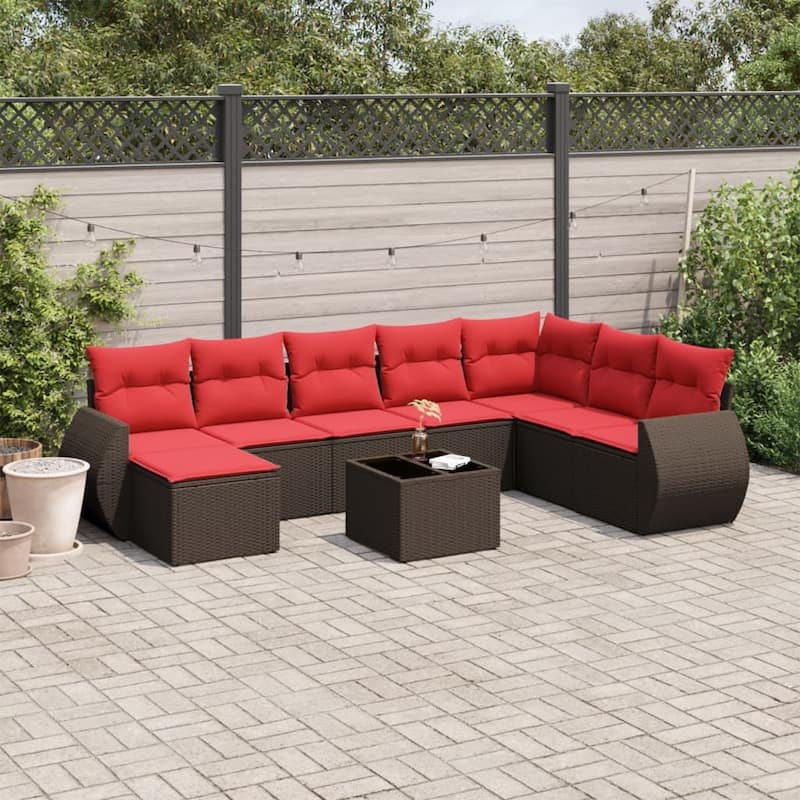 vidaXL 8 Piece Patio Sofa Set with Cushions Grey Poly Rattan - 24.4" x 24.4" x 27.2" - Brown and red With table