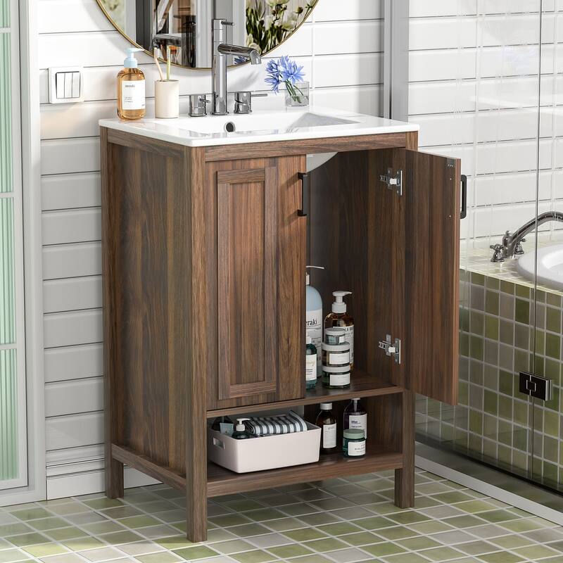 Anmytek 24'' Single Bathroom Vanity Cabinet with Ceramic Sink Combo Bathroom Storage Cabinet With Soft Close Doors