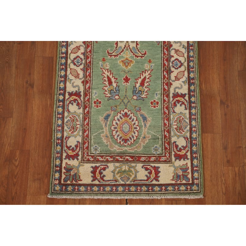 Floral Kazak Runner Rug Handmade Green Wool Carpet - 2'2" x 5'11"